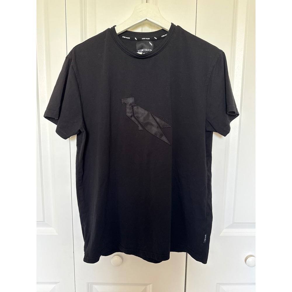 Stone Falcon Mens Black Graphic T-Shirt Satin Falcon Logo Tee Large